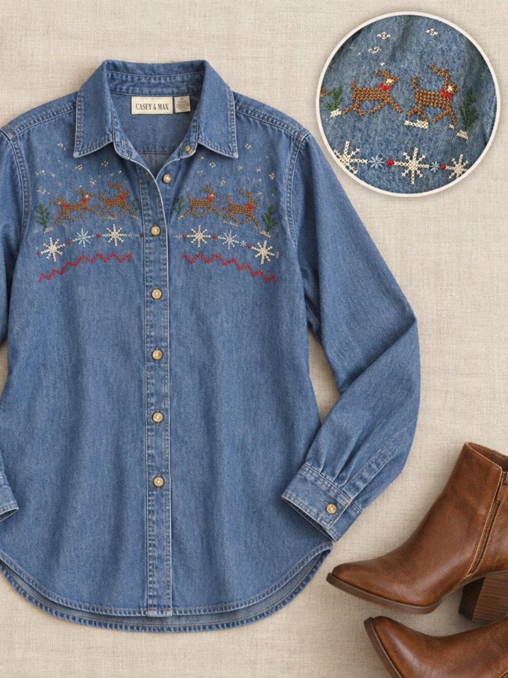 Casey & Max Vintage-Inspired Blue Denim Embroidered Button-Up Shirt Medium Xmas
